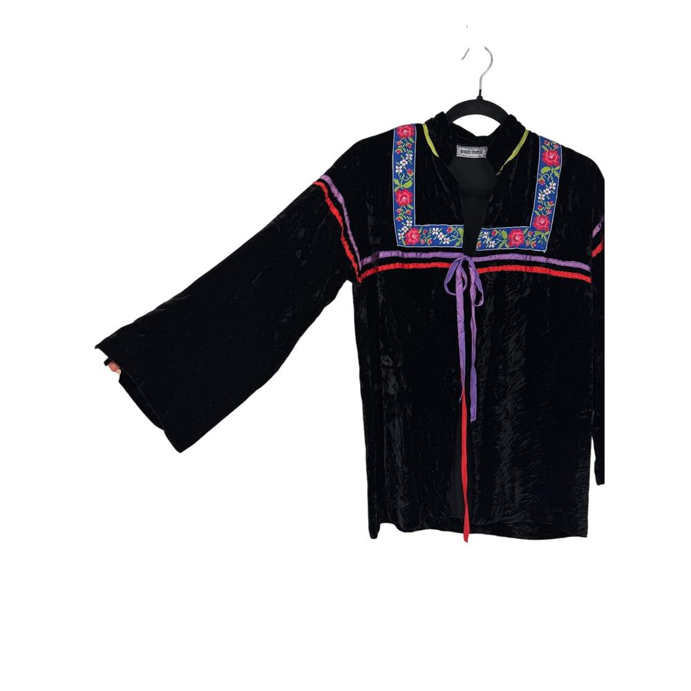 Vintage 1960s Joseph Magnin Womens Velvet Embroidered Jacket Black Boho Regency